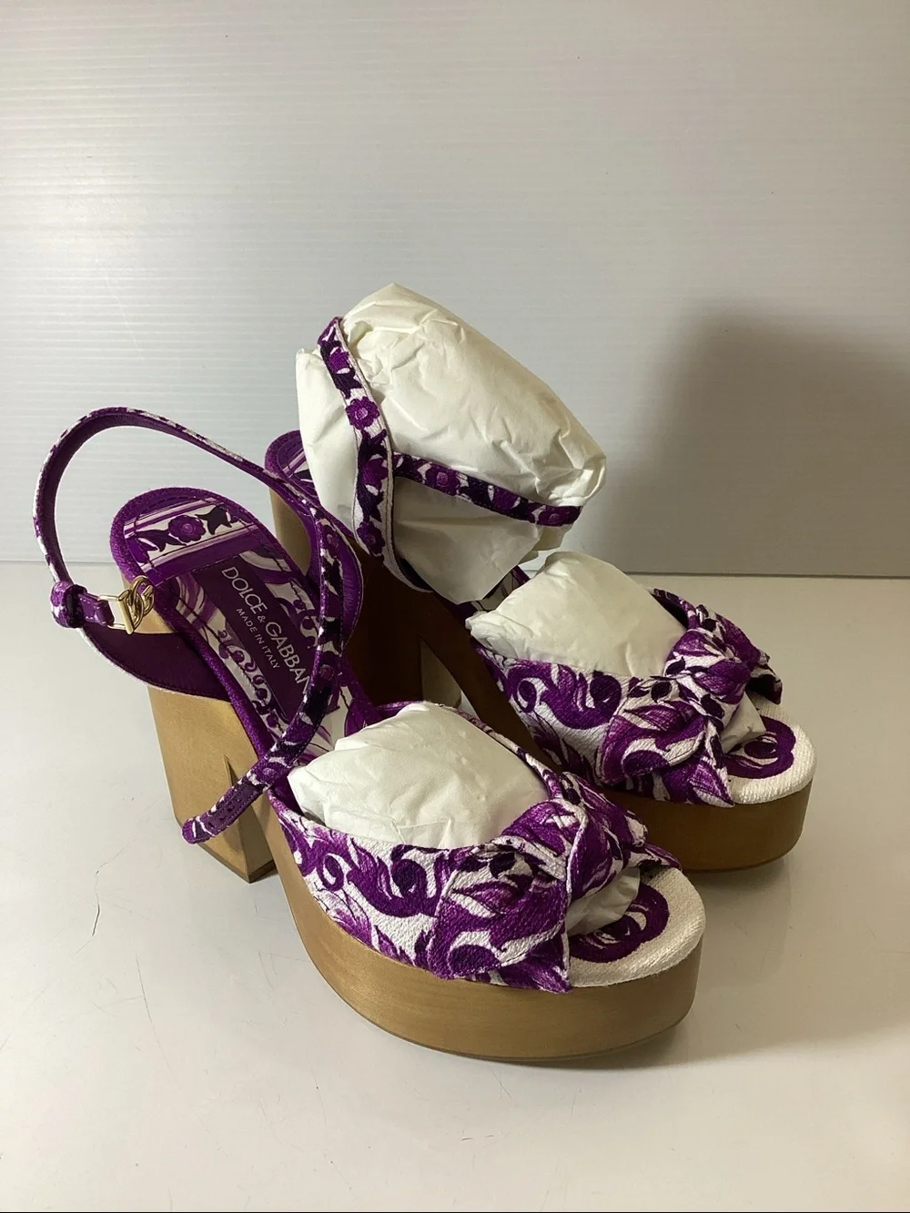 Dolce & Gabbana Purple Floral Platform Sandal with Wood Block Heel